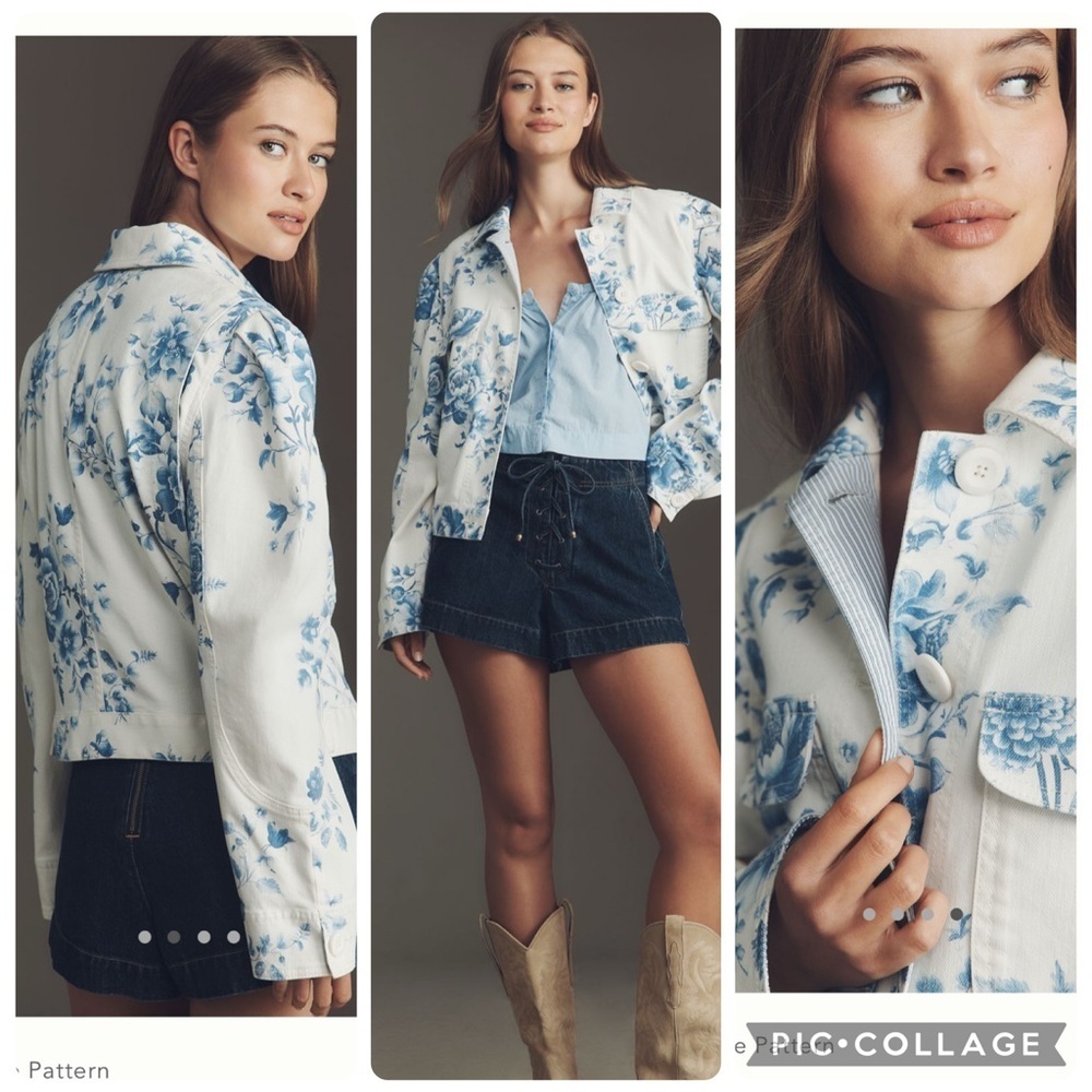 NWT new medium Anthropologie puff sleeve denim jean blue floral utility jacket - Picture 16 of 16